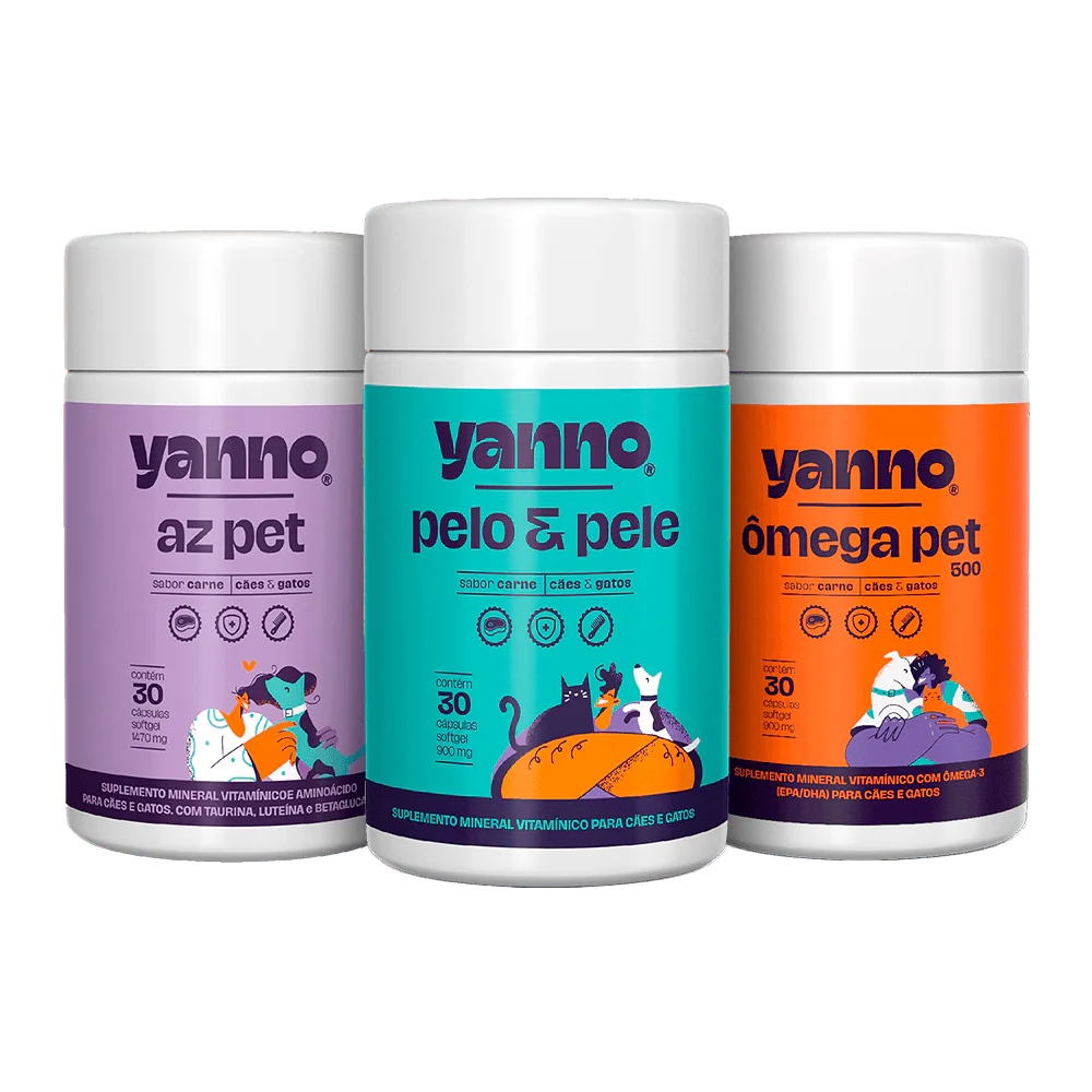Suplemento Omega 3 Pet (DHA+EPA) + Pelo e Pele + Multivitamínico Cães e Gatos 3x30 cáps Sabor Carne