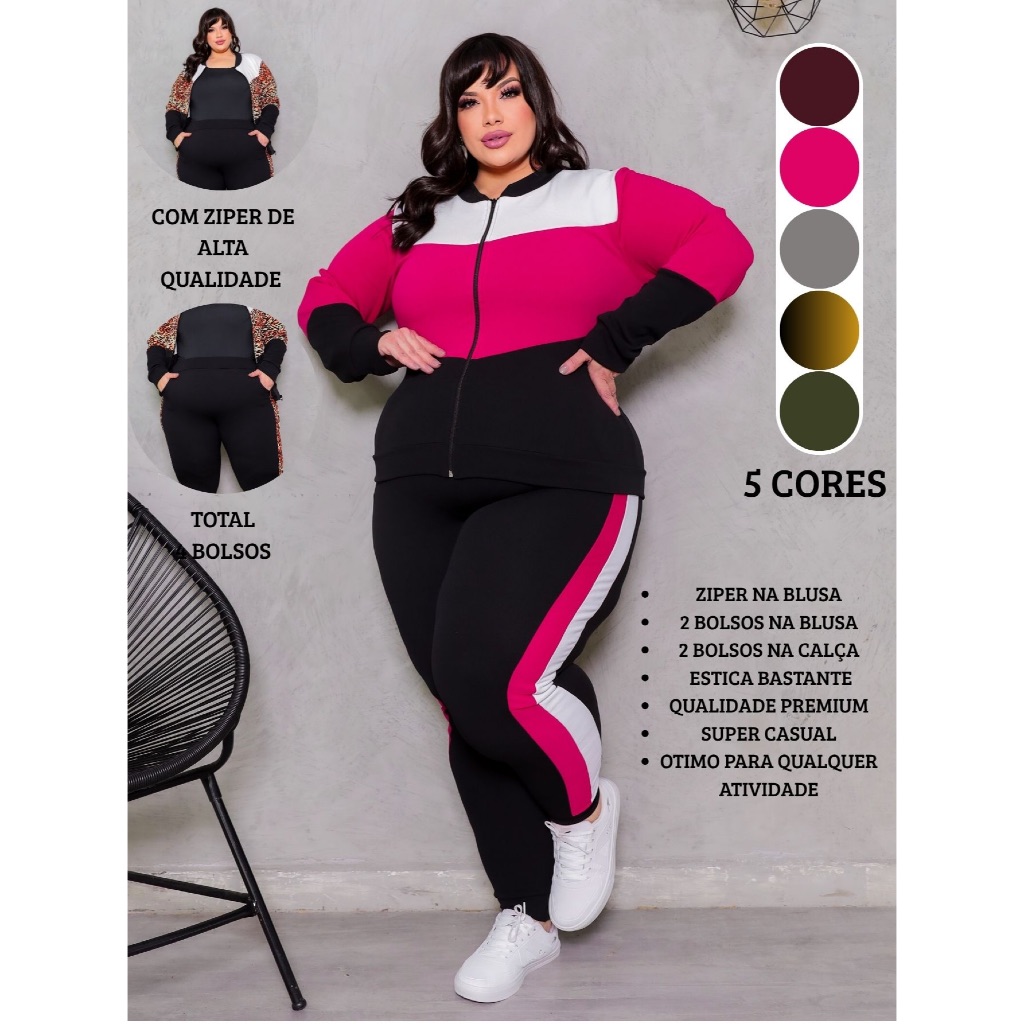 Conjunto Feminino Plus Size G1234 Linha Premium Calça e Blusa Com Ziper Malha Crepe Confortável Calça Jogger  Moleton S