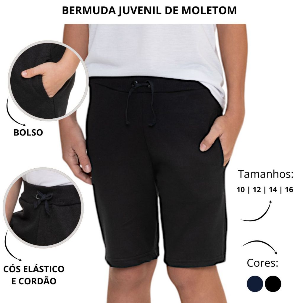 Bermuda Juvenil Menino Shorts Moletom PA Cordão Elástico Bolso Cós Elástico Ajustável Confortável