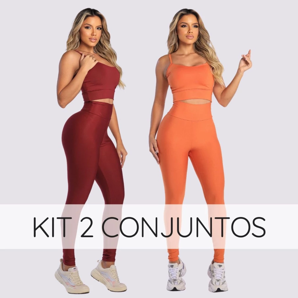 Kit 2 conjuntos calça com top e bojo removível legging feminina cintura alta suplex academia fitness — imagem 1