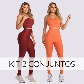 Kit 2 conjuntos calça com top e bojo removível legging feminina cintura alta suplex academia fitness em Oferta na Shopee