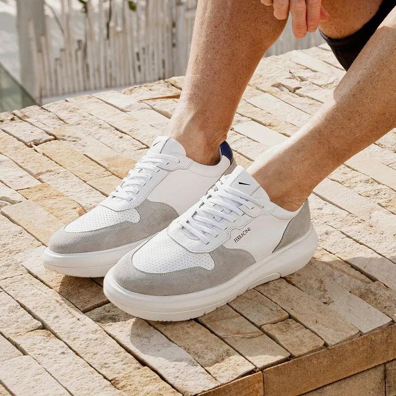 Tênis Masculino Couro Casual Ferracini Sola Flat Estiloso Sneaker Energy Branco Azul Cinza 8287-695E