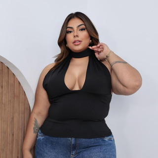 BLUSA CROPPED FEMININA FRENTE ÚNICA COM AMARRAÇÃO NO PESCOÇO TECIDO SUPLEX PREMIUM DUPLO ESSENCIAL