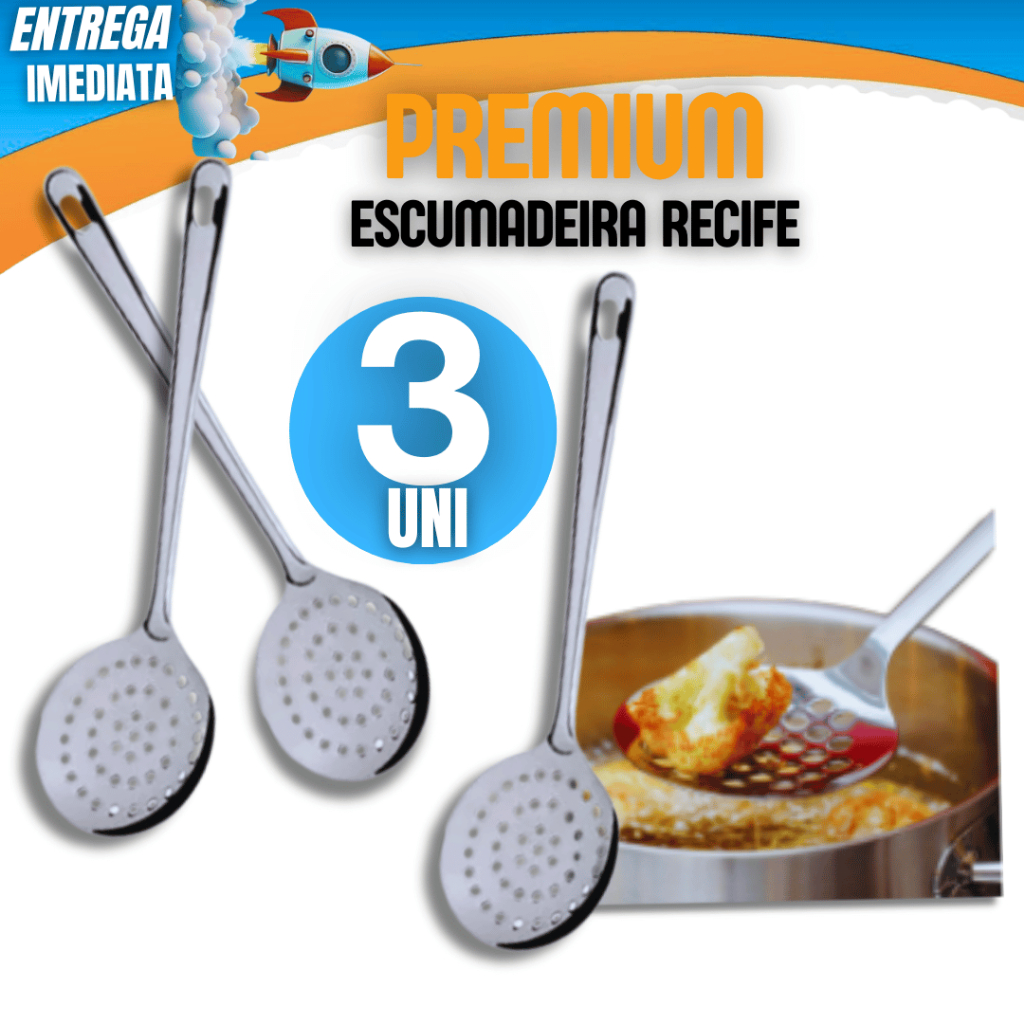 Conjunto 03 Escumadeiras de Inox para Frituras e Arroz  Linha Recife, Alta Qualidade e Resistência Durabilidade