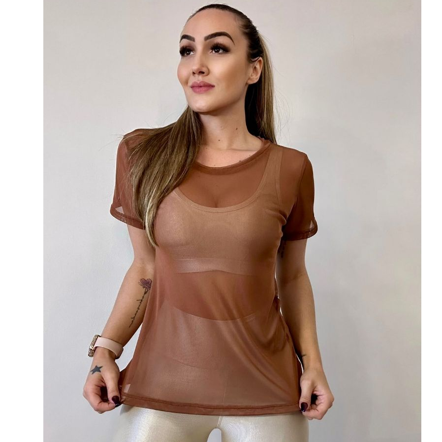 Blusa Feminina De Tule Transparente Academia Fitness Camisão Fitness