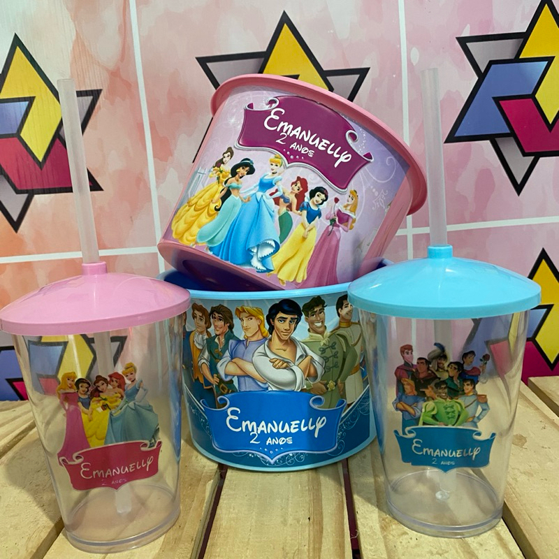 KIT CINEMINHA-(baldes +copos)-PRINCESAS e PRINCIPES Personalizados|Lembrancinhas |Aniversário|Sacolinha|BaldeecopoES