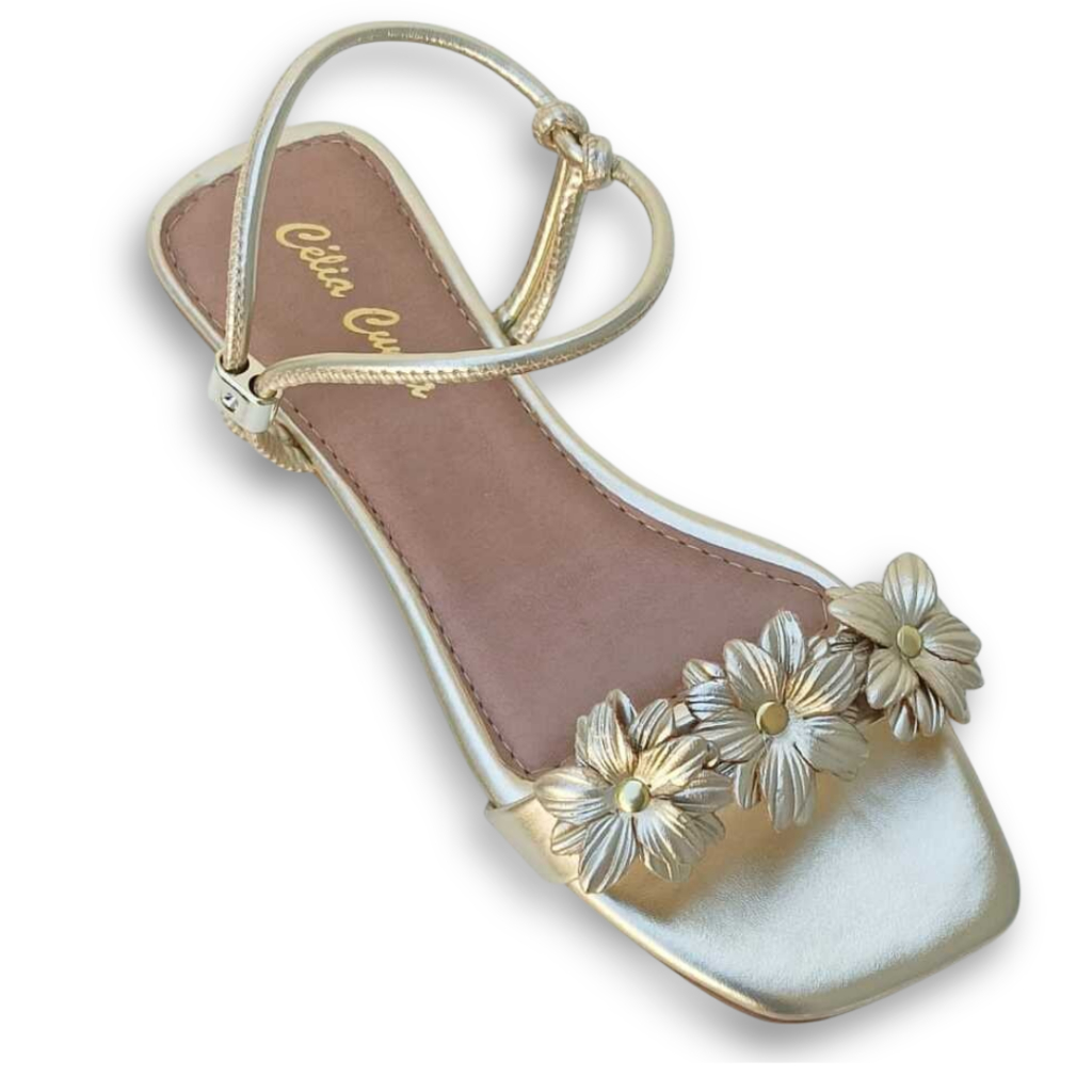 Rasteirinha Sandália  Calce Fácil Com flores Ouro light Calçe Facil Promoção em Oferta na Shopee