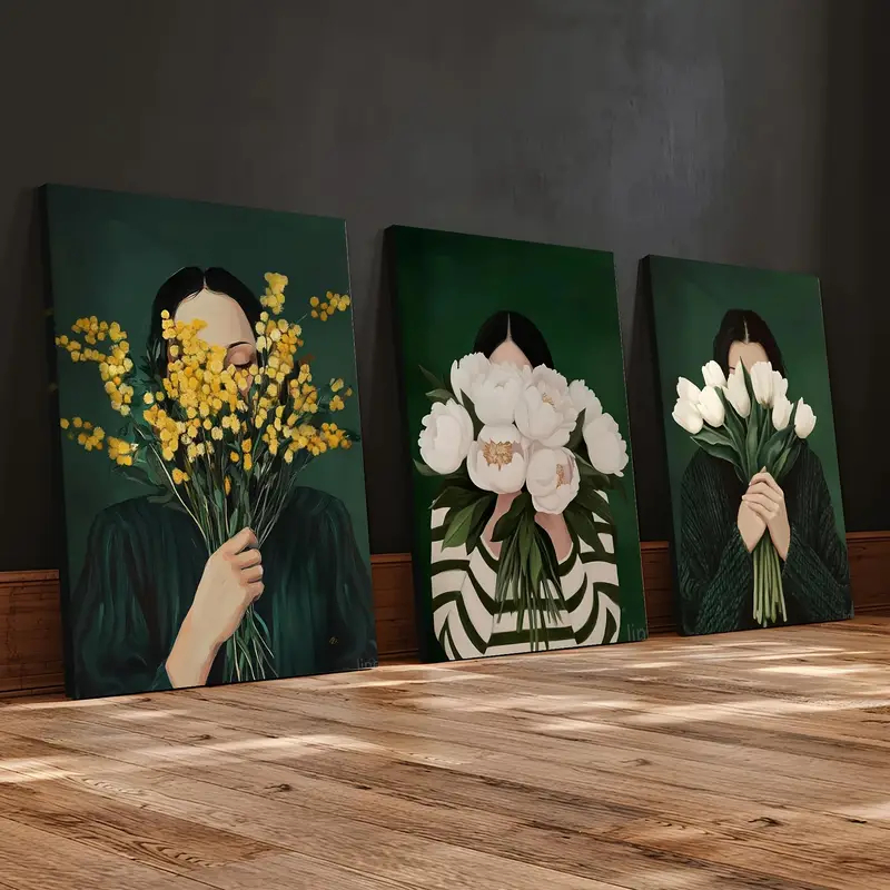 Kit 3 Quadros Arte Feminina Mulheres e Flores Rosas Brancas Amarelas em Oferta na Shopee