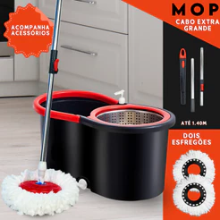 Mop Giratório 360 Cabo 140cm Balde Centrífuga Cesto Inox 14L 2 Refis Microfibra Esfregão Spin