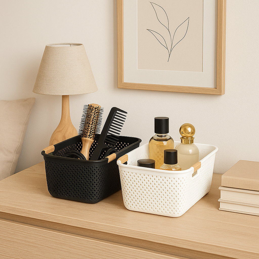 Cesto Organizador com Alça de Bambu Banheiro Cozinha Multiuso Closet Utensílios Lavanderia