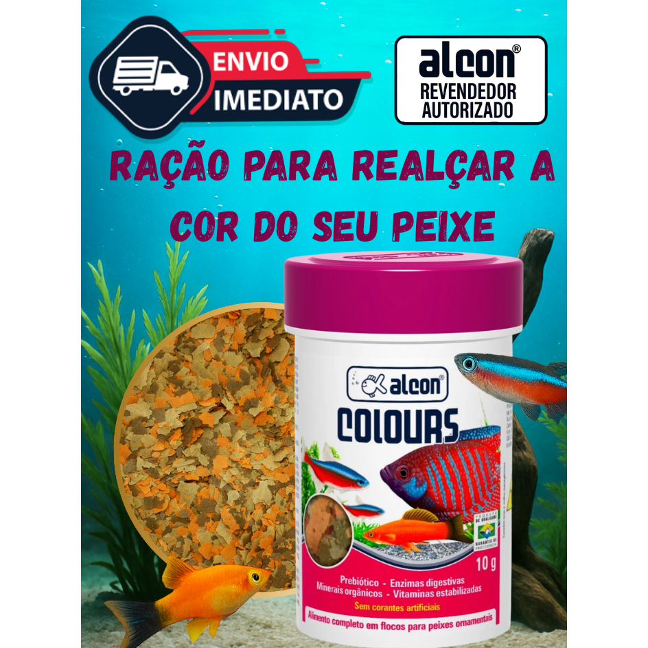 Ração Alcon Colours 10g Flocos, Realça as Cores de Peixe de Aquário, Comida para Peixe de Água Doce