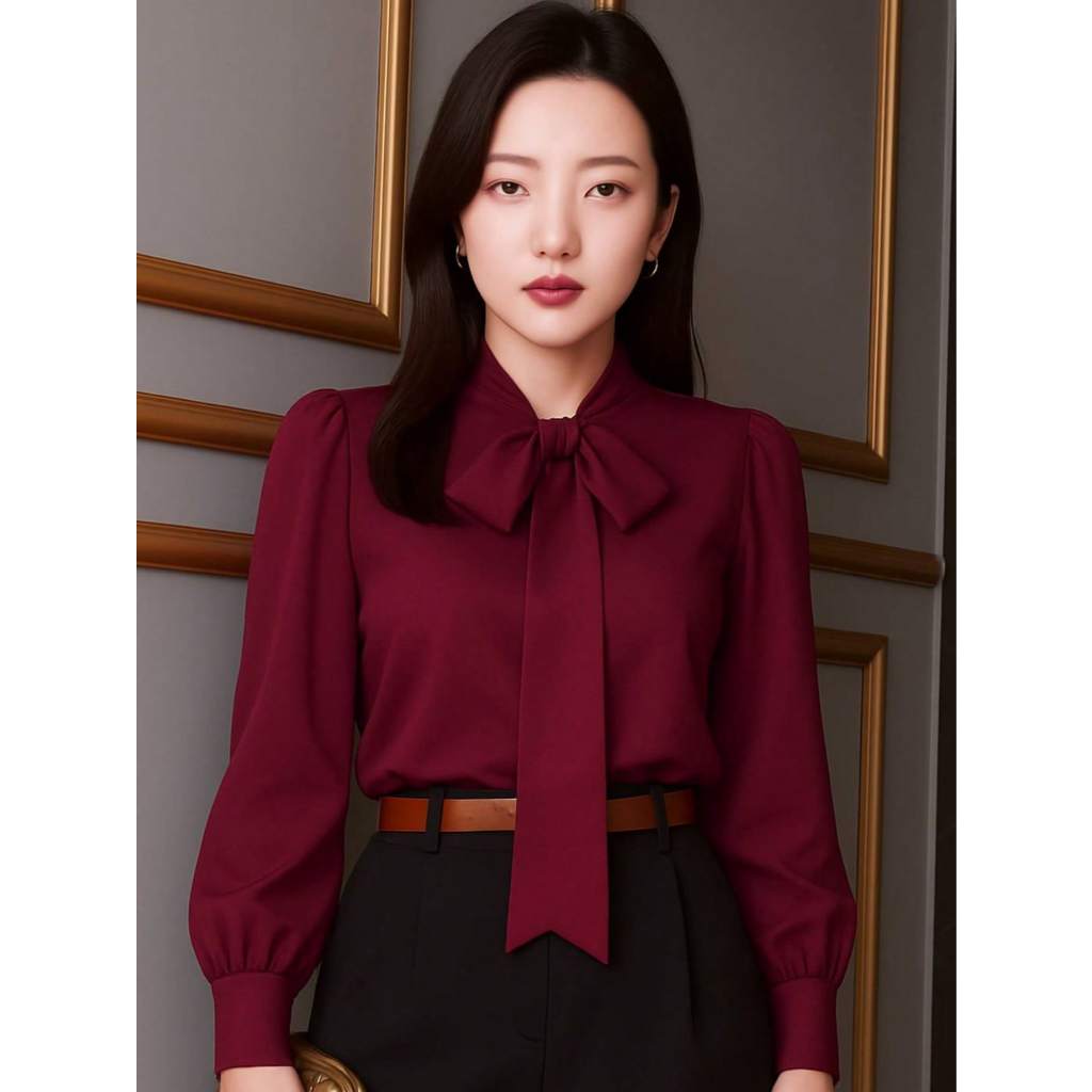 Blusa Camisa Marsala Vinho Bordô Coreana Dorama K-Pop Korea Laço Gravatinha Manga Longa Evangélica Social Trabalho em Oferta na Shopee