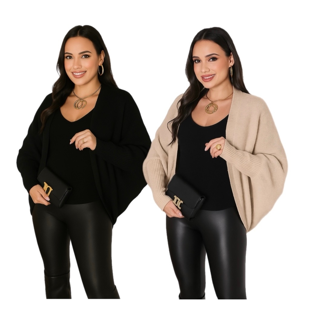 Kit com 2 Capa Cardigan Casaco Manga Longa Feminino Tricot Kimono Casaquinho Inverno Quentinho