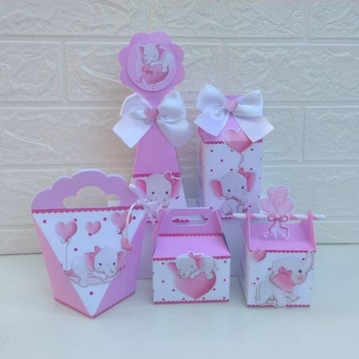 kit clássico de caixinhas personalizada para lembrancinha de festa  aniversário,tema elefantinho rosa, leia a descrição.