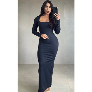 Vestido Longo Feminino Tecido Romantic com Forro Duplo | Decote Quadrado Elegante Veste 38 ao 42 em Oferta na Shopee
