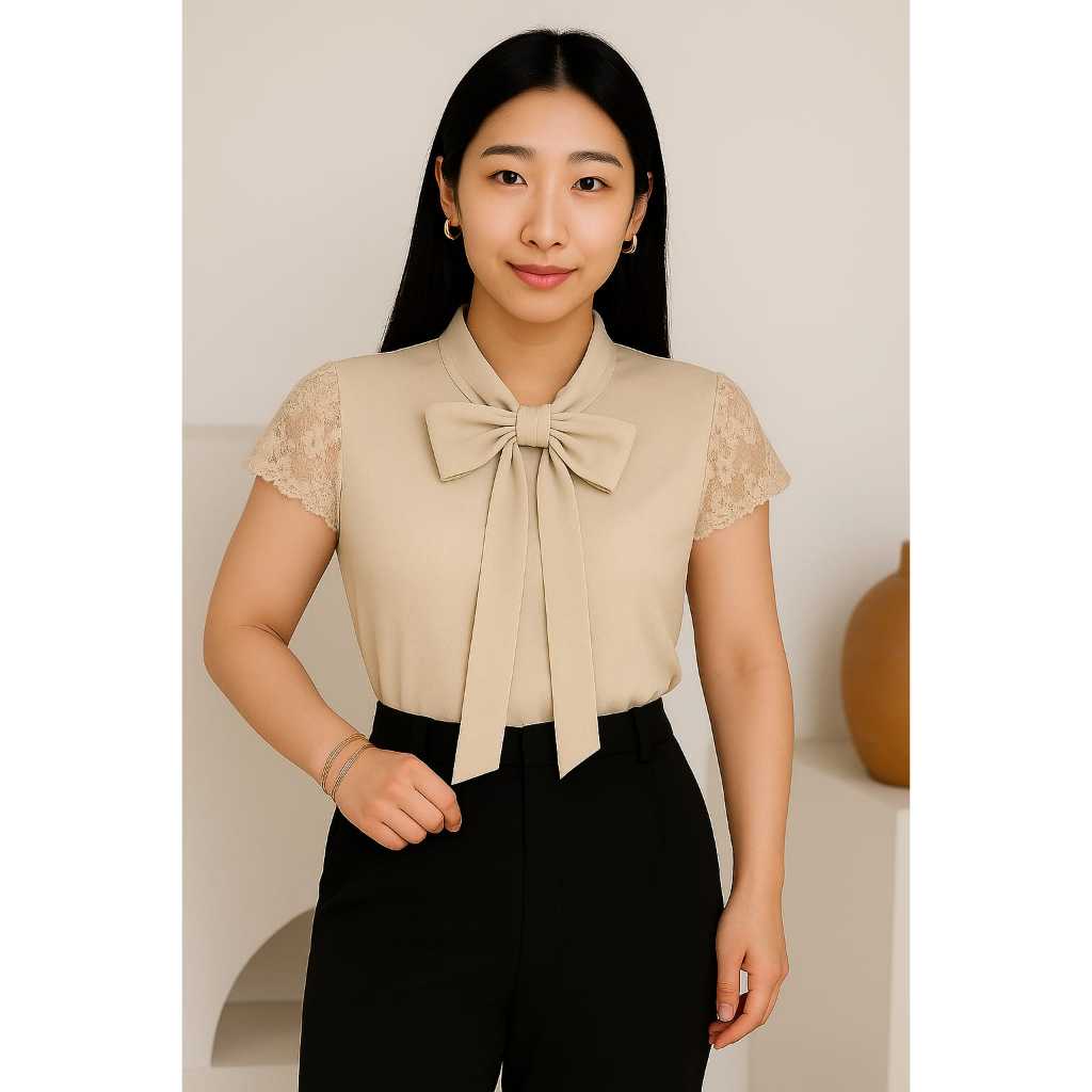Blusa Camisa Bege Areia Off Coreana Dorama K-Pop Korea Manga Curta Social Evangelica Laço Gravata Trabalho Congresso