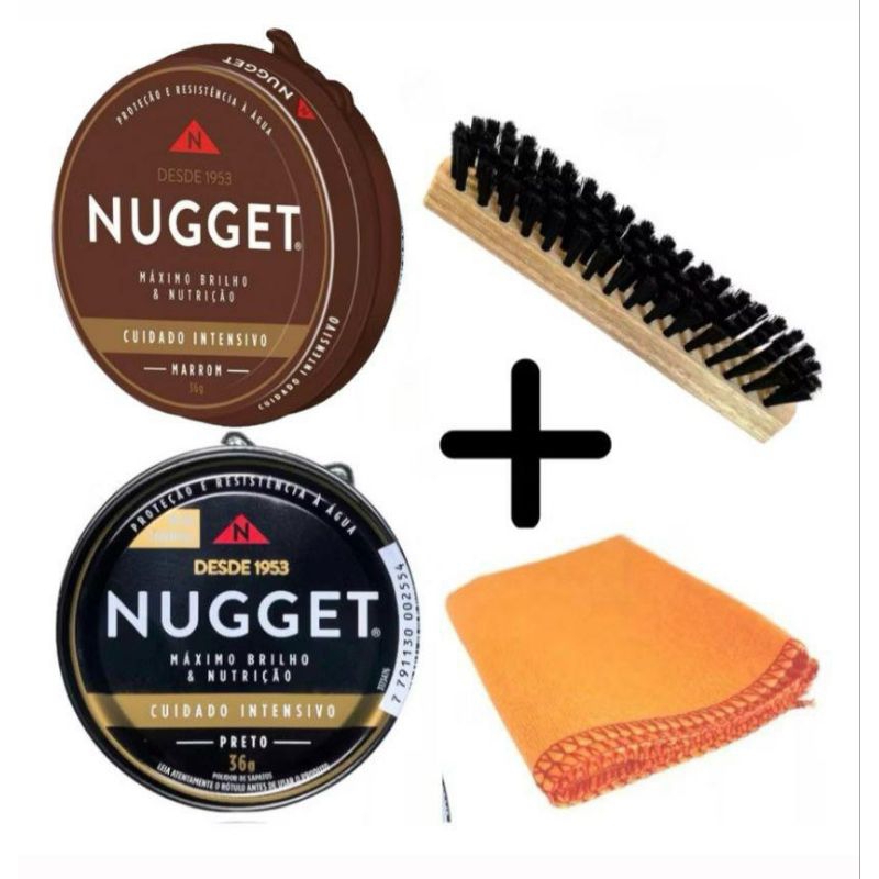 Kit com 2 Graxas Nugget Para Polir Sapato Preto ou Marrom + Escova + Flanela Cera