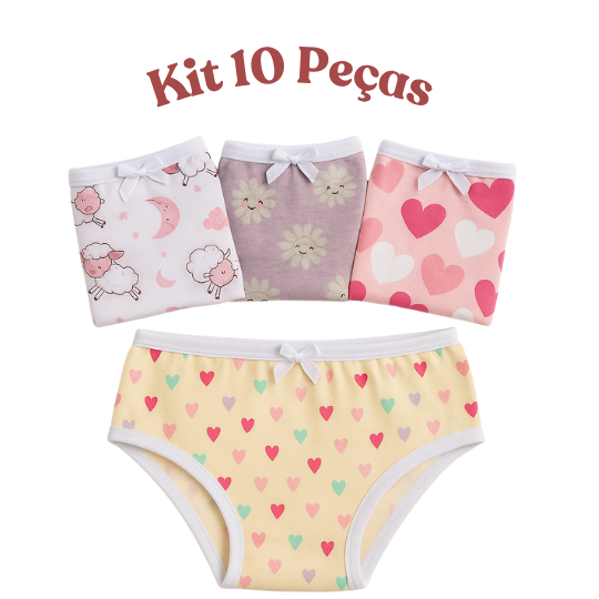 Kit 10 Calcinhas Cottom Menina Feminina Criança Malha Algodão Estampadas Confortável Forro Duplo