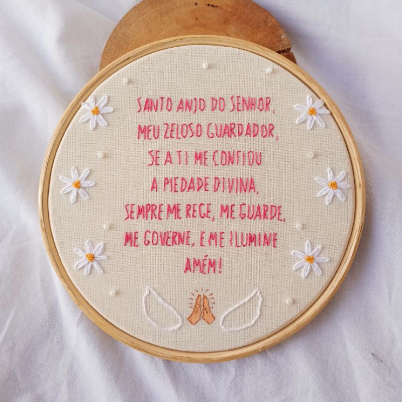 Bastidor Oração Santo Anjo Margaridas Bordado à Mão Decoração Infantil Baby