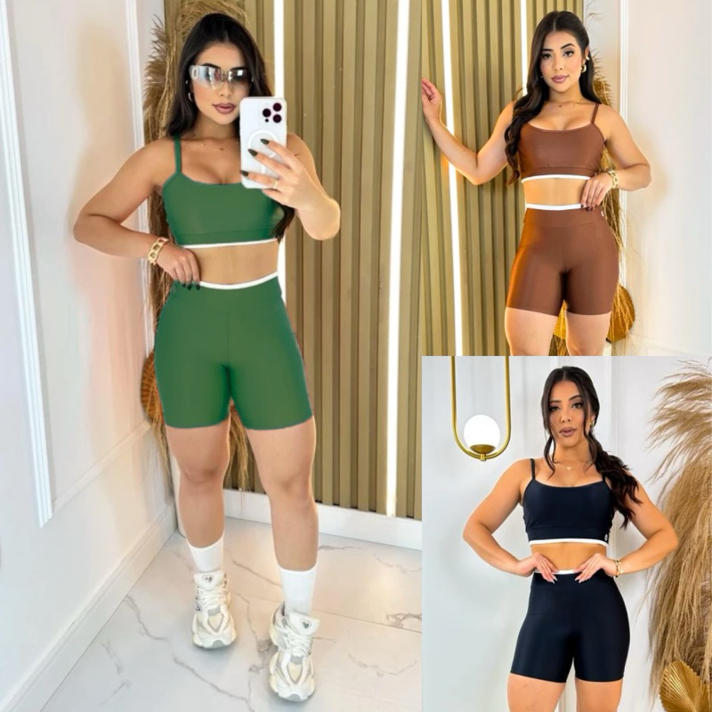 Conjunto de Academia Feminino Top Short Fitness Roupa de Malhar Para Treinar Poliamida Bermuda Bicolor