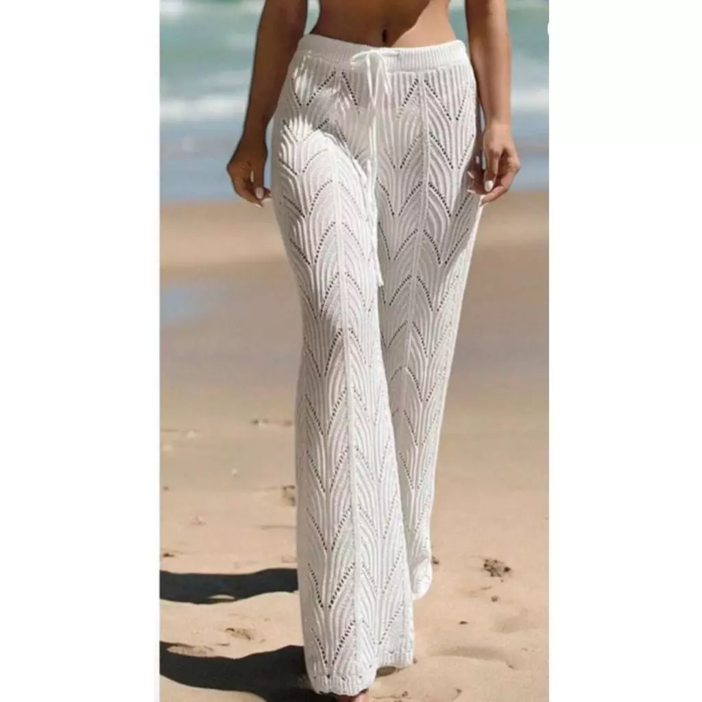 Calça Saída de Praia Feminina Tricot Têndencia Verão Pantalona Rendada Crochê Moda — imagem 1