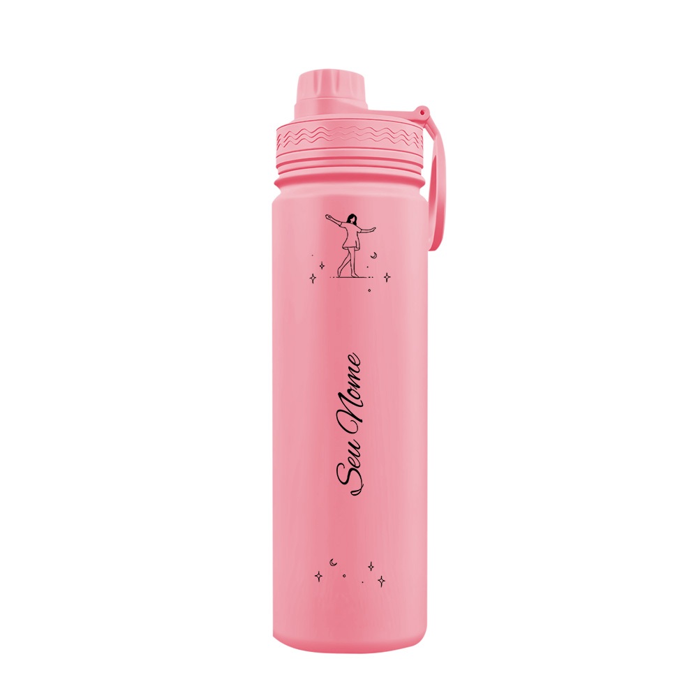Garrafa Térmica Fresh Personalizada Com Alça Fine Lines Girl Walking with the Moon and Stars Com Nome