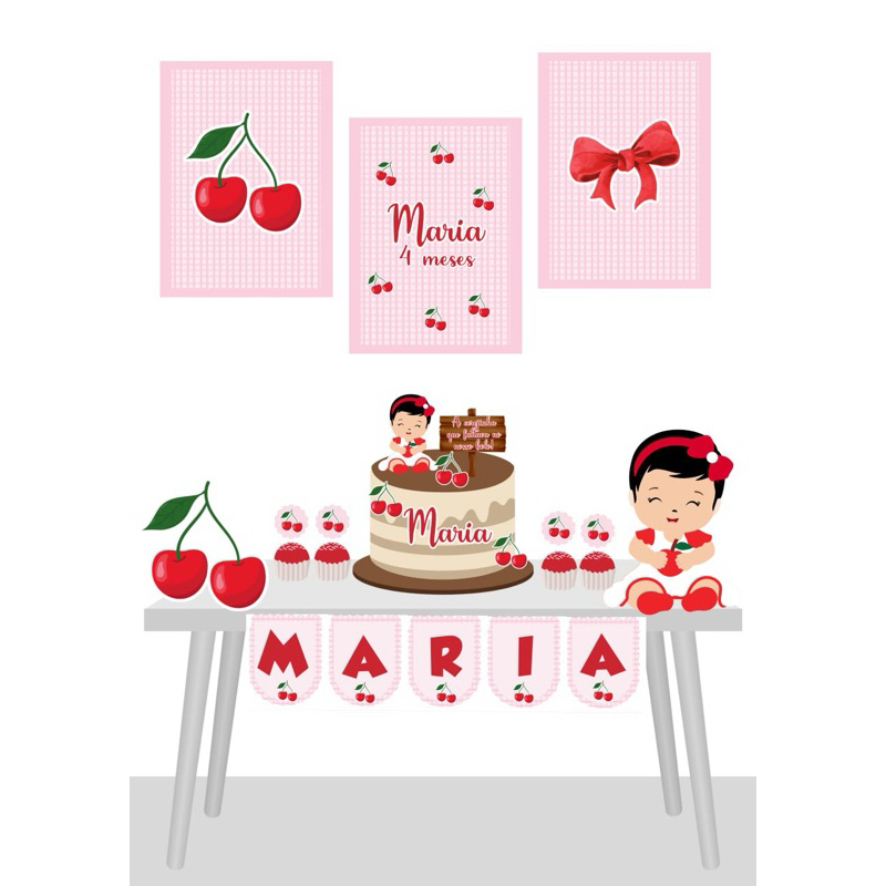KIT SÓ UM BOLINHO CEREJINHA - Kit Festa Personalizado - Aniversário Infantil - Mêsversario