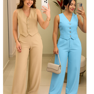 CONJUNTO ABIGAIL COLETE E CALÇA   ESTILOSO E VERSATIL EN CORE DE VEÃO em Oferta na Shopee