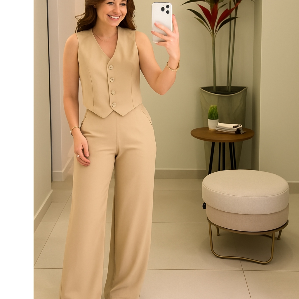 CONJUNTO FEMININO SOCIAL ELEGANTE   COLETE E CALÇA ALFIATARIA em Oferta na Shopee