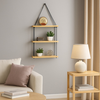 Prateleira Suspensa de Madeira com 3 Andares, 35x60cm, Corda Preta, Estilo Minimalista para Decoração Parede Tendencia em Oferta na Shopee