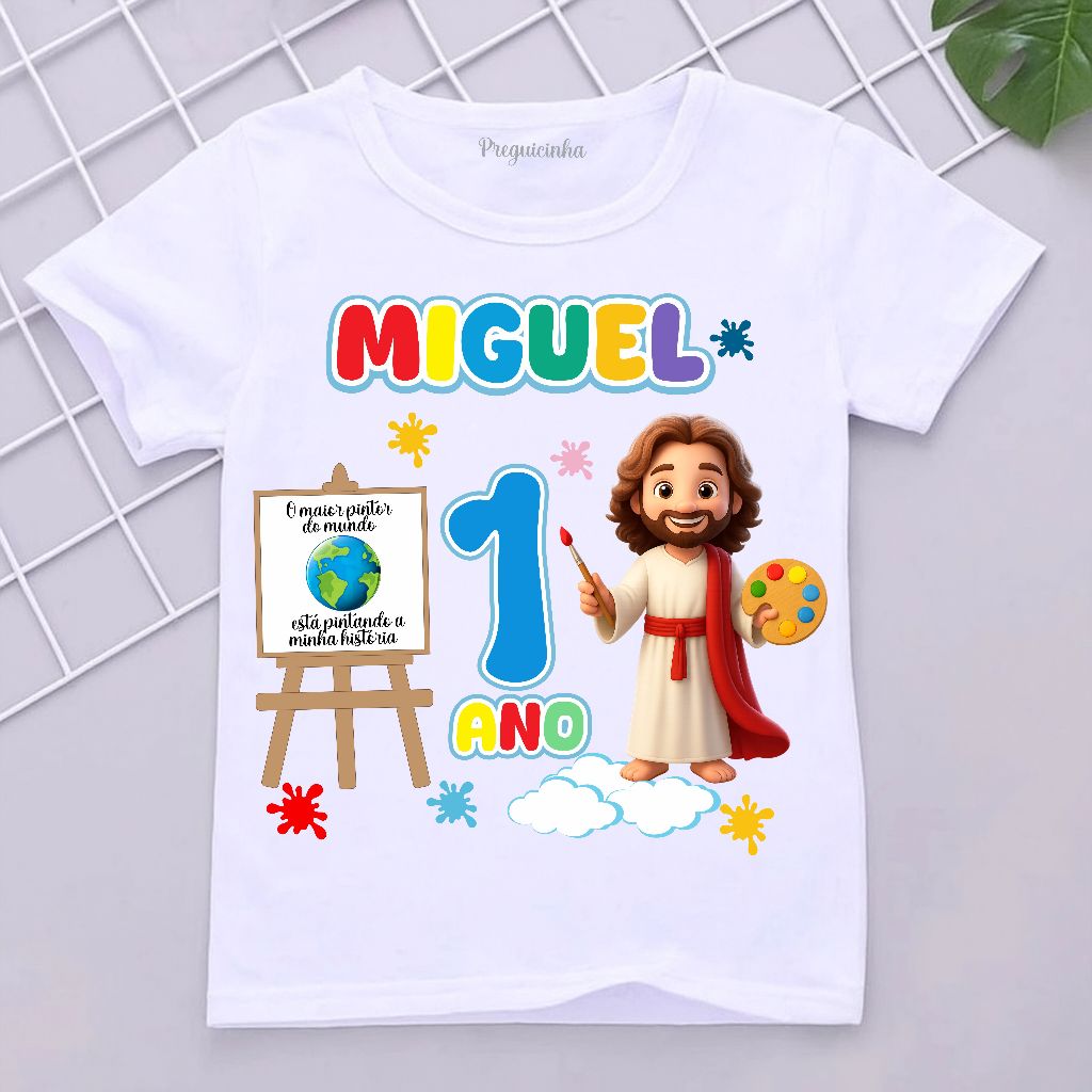 Camiseta infantil Golpel com nome e idade tema Jesus O maior pintor do mundo