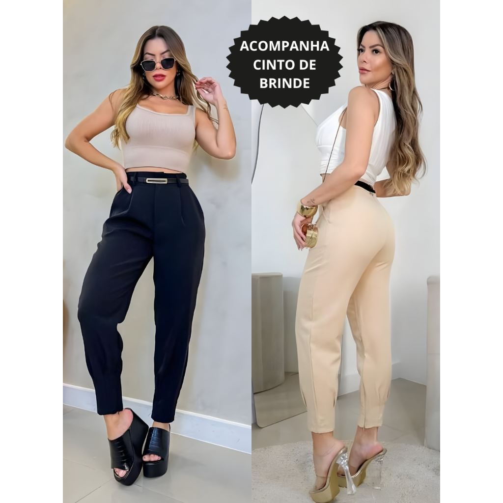 Calça Cenoura Feminina Jogger Tecido Alfaiataria Com Cinto Tendência 2025
