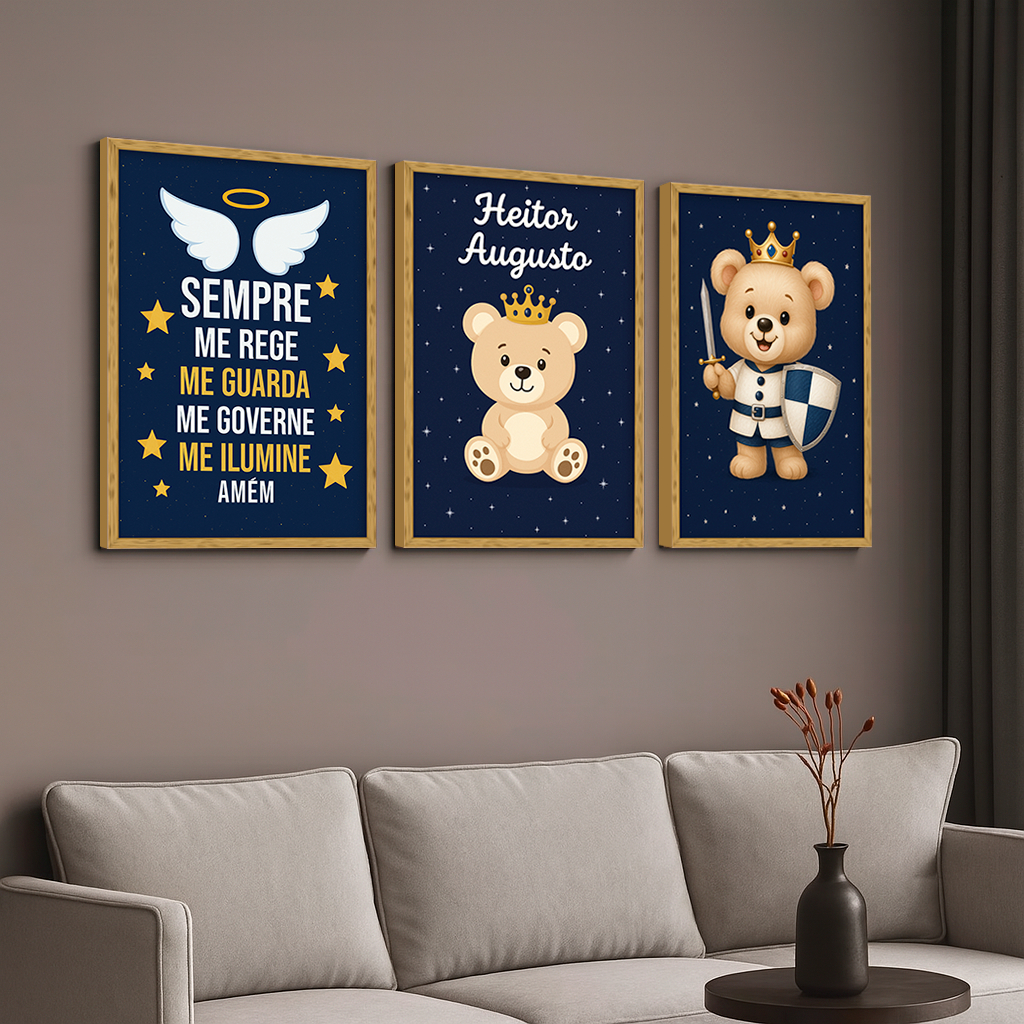 Quadro Decorativo Urso Anjo Da Guarda Personalizado Kit 3 Peças MDF Para Quarto De Bebê Menino