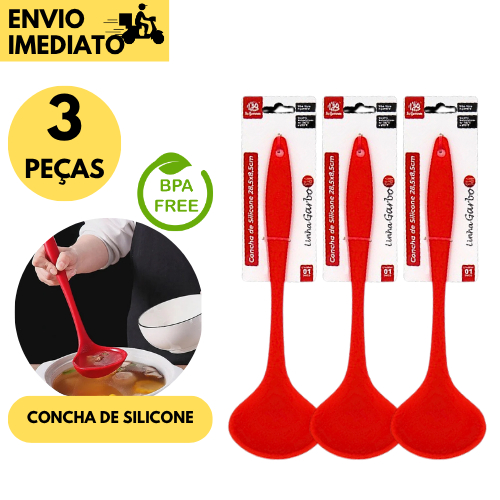 Kit 3 Concha de Silicone Vermelha Resistente a Calor Utensílio Cozinha Antiaderente não Risca Panela