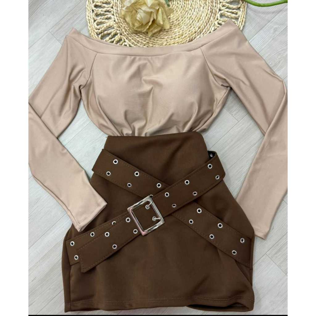 Short Saia com Cinto Cruzado X frontal cintura Alta Estilo Gringa Moda Tendencias em Oferta na Shopee