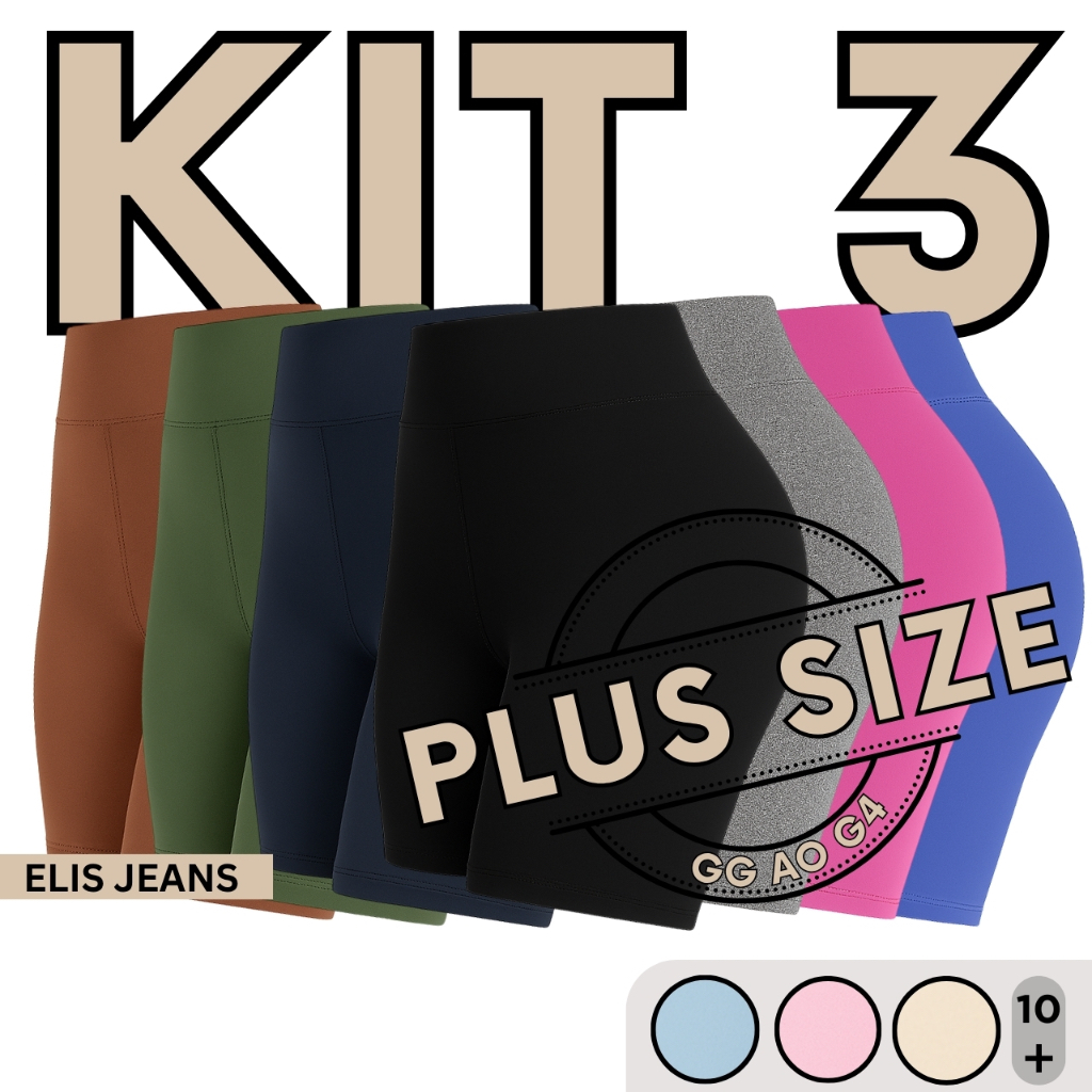 Kit 3 Shorts Feminino Plus SizeFitness Meia Coxa Short Cintura Alta Bermuda Legging Zero Transparência