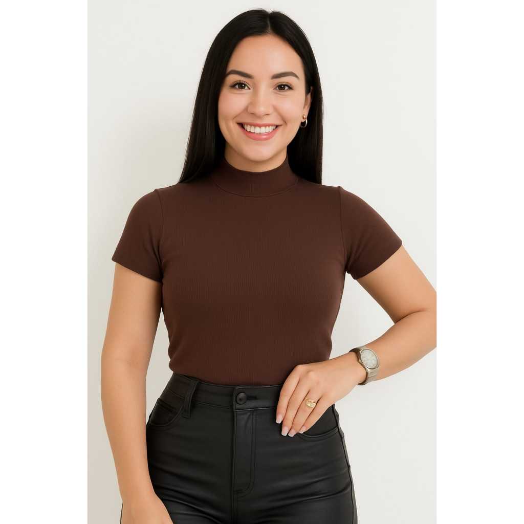 Blusa feminina gola alta  Basica Feminina Ribana Canelada T-shirt Camiseta tendência de Verõa