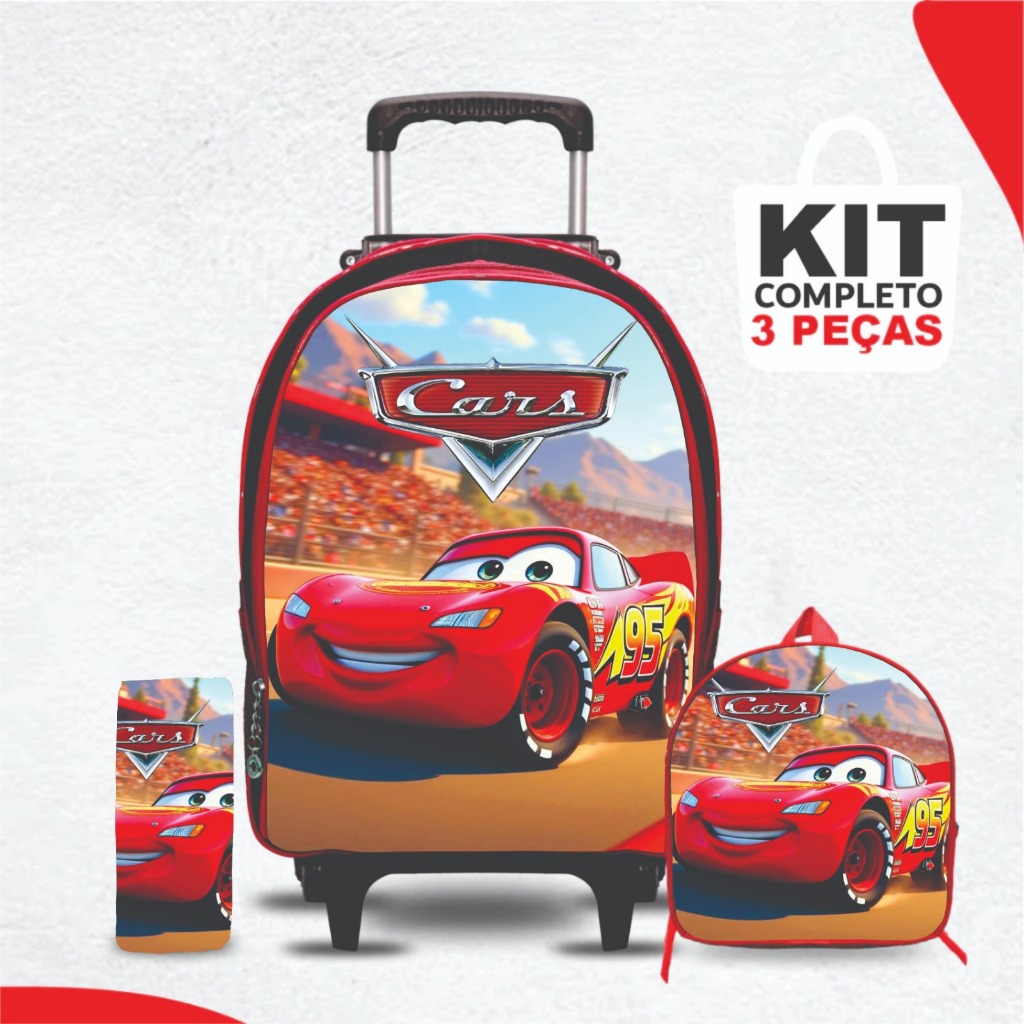 Kit mochila escolar Carros com lancheira e Estojo - com Rodinhas - Menino -Masculino
