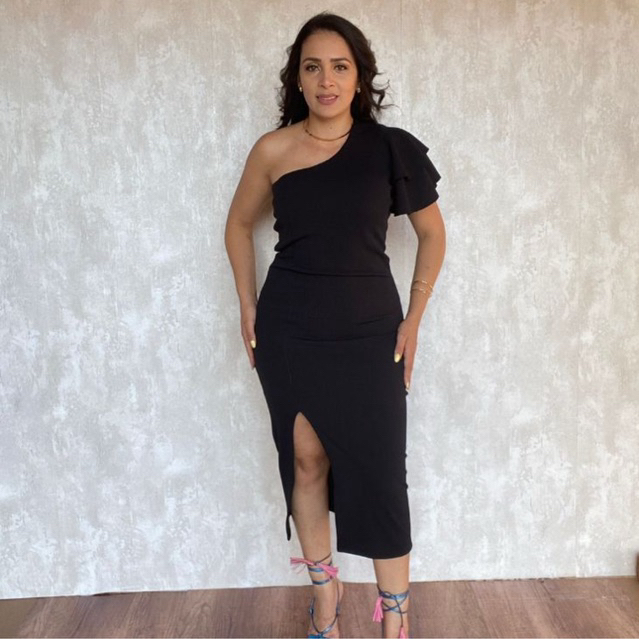 Vestido Festa Midi Nula Manga Única Vestido Tubinho Fenda Lateral Vestido Elegante Tecido Premium em Oferta na Shopee