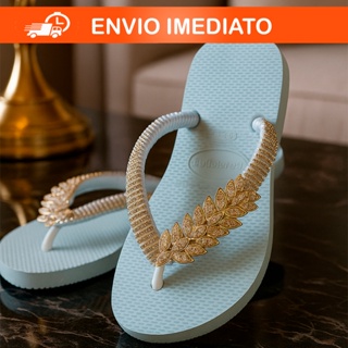 chinelo personalizado branco folhagem dourada decorada sandália de luxo em Oferta na Shopee