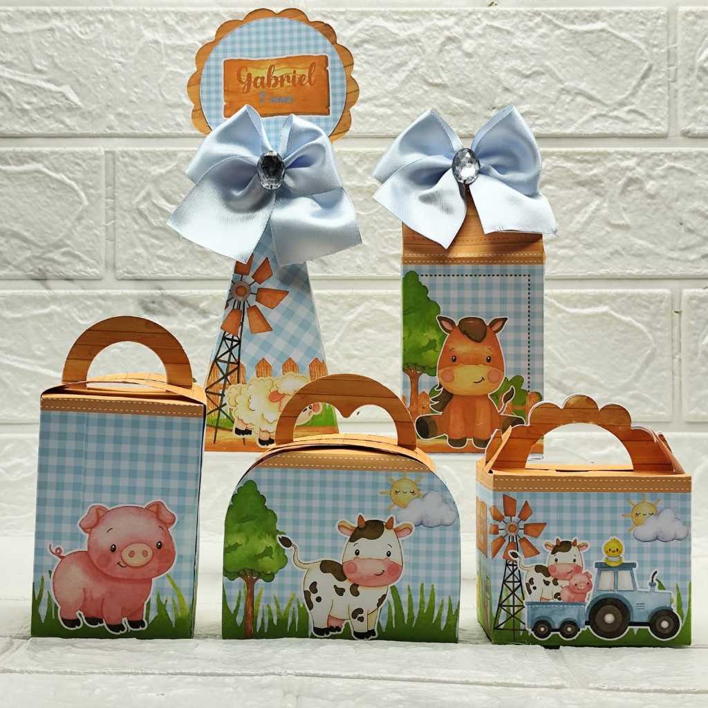 KIT FESTA PERSONALIZADA FAZENDINHA AZUL MENINO/ ( PEGUE E MONTE ) / CAIXINHA PERSONALIZADA /LEMBRANCINHAS E MIMOS