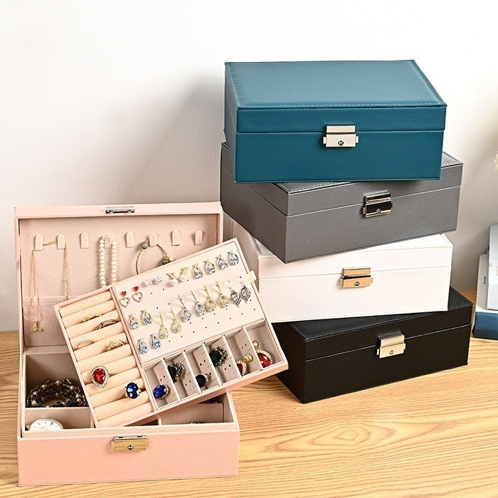 Caixa de Joias em Couro: 2 Camadas, Grande Capacidade, Ideal para Anéis, Brincos e Relógios -Q11 em Oferta na Shopee