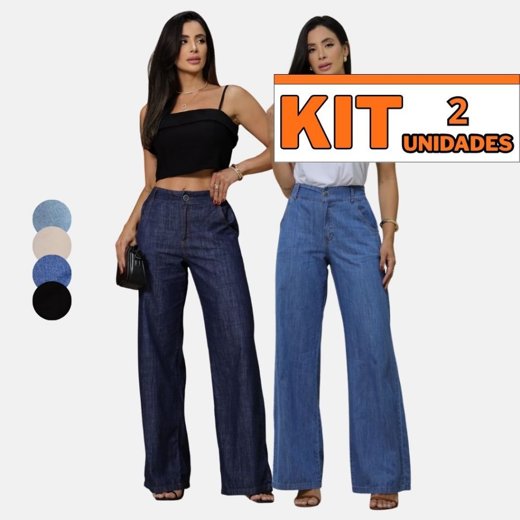 Kit 2 Calças Jeans Feminina Wide Leg Marmorizada Cintura Alta Sem Lycra 100% Algodão Pantalona