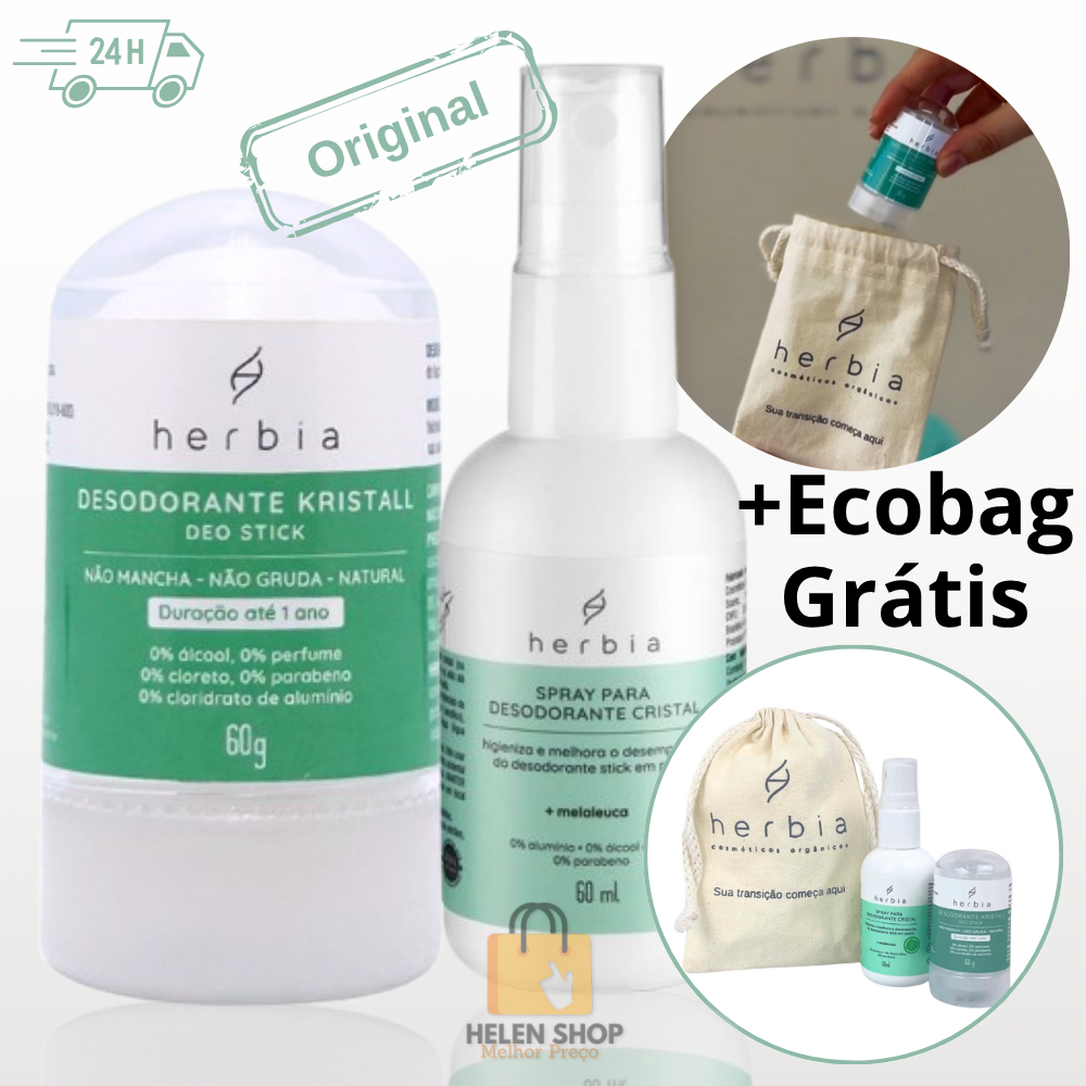 Kit Desodorante Cristal 60g + Spray de Melaleuca + EcoBag brinde - Herbia Kristall bolsa Stick
