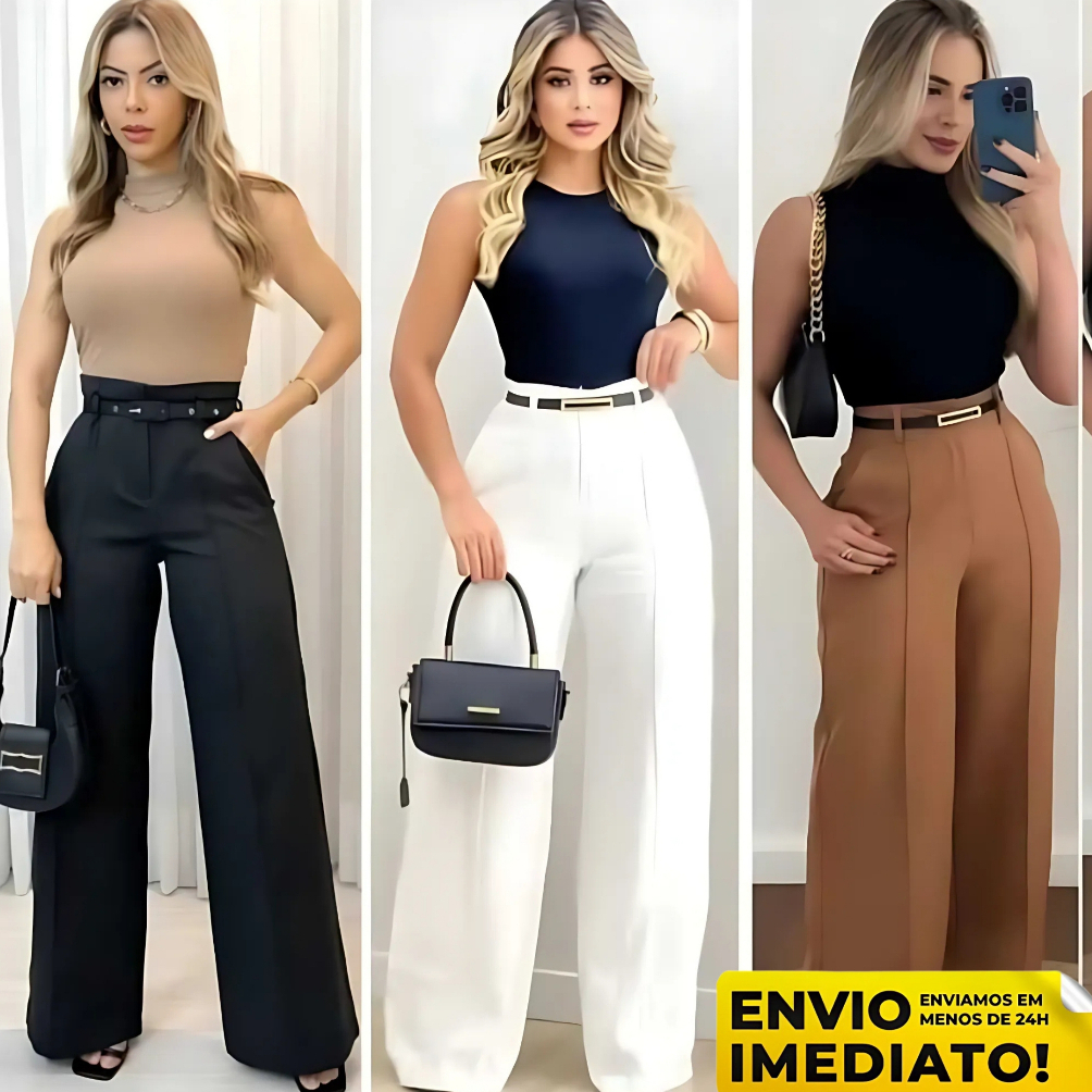 Calça Pantalona Alfaiataria Premium Com Bolso Cintura Alta PROMOÇÃO