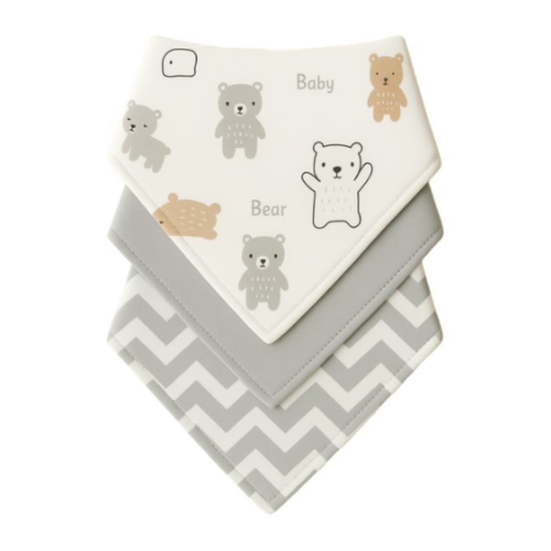 Kit com 3 Babador Bandana Bebê 100% Algodão Unissex Ursinho Cinza alimentação dia a dia