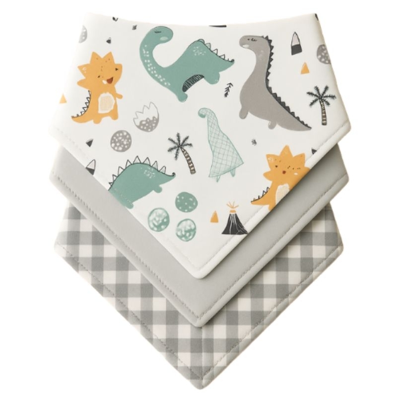 Kit com 3 Babador Bandana Bebê Menino 100% Algodão Dino Verde Xadrez Cinza