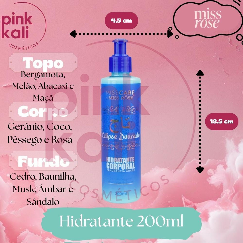 Eclipse Dourado Hidratante 200ml Miss Rose creme corporal desodorante pos banho arabe feminino masculino unissex