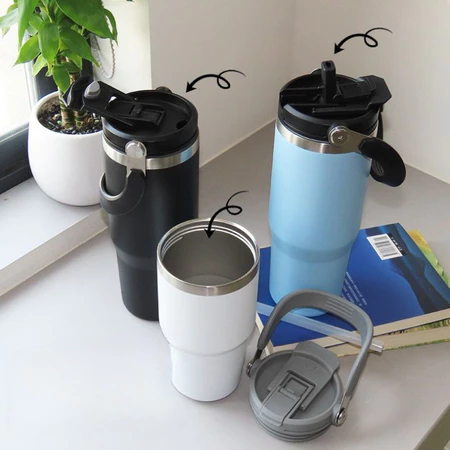 Imagem Caneca Térmica Inox com Alça e Canudo – Vácuo, 900ml/600ml, Bebidas Quentes e Frias