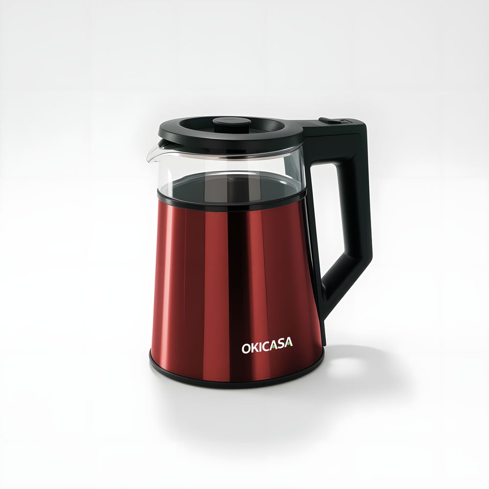 「OKICASA」Chaleira Elétrica Premium de Vidro 2L / Esterilização Profunda por Luz Azul / Água Mais Saudáve